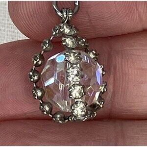 Faceted Aurora Borealis Globe Pendant Necklace Silver Tone Rhinestones Dainty